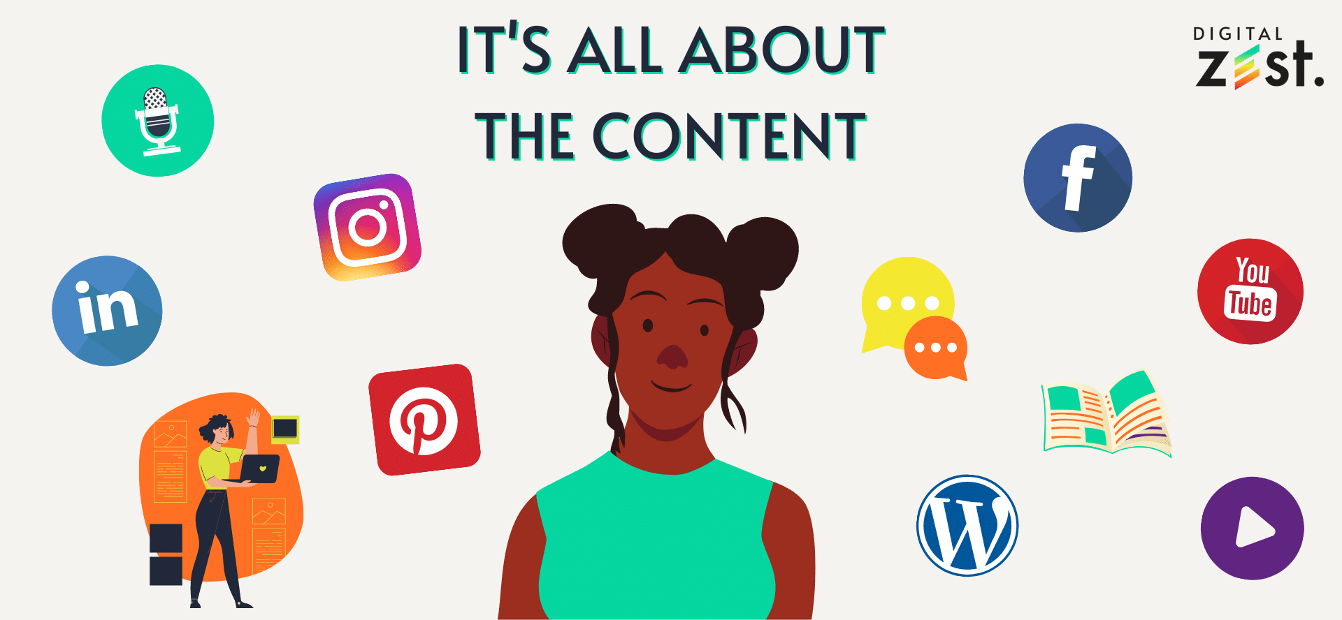 girl surrounded by digital content ideas with the text: it's all about content